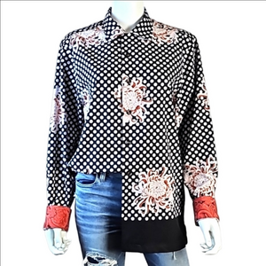 Tallia Sport 4 Way Stretch Black White & Orange Polka Dot Floral Button …